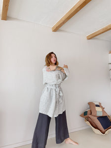 Leia Mid-Length Linen Robe - Pinstripe