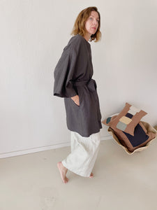Leia Mid-Length Linen Robe - Charcoal
