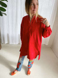 Vintage French Flannel + Cotton Twill Tunic - Tomato