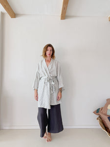 Leia Mid-Length Linen Robe - Pinstripe