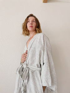 Leia Mid-Length Linen Robe - Pinstripe