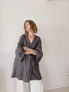Leia Mid-Length Linen Robe - Charcoal