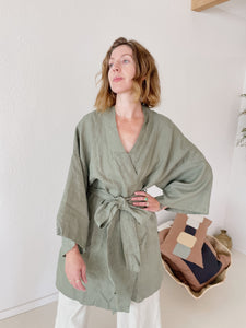 Leia Mid-Length Linen Robe - Khaki