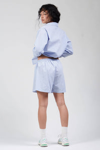 Poplin Shorts in Blue Pinstripe Back Model