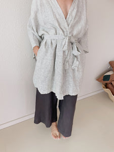 Leia Mid-Length Linen Robe - Pinstripe