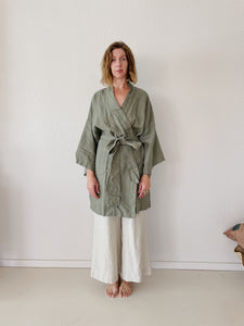 Leia Mid-Length Linen Robe - Khaki