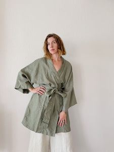 Leia Mid-Length Linen Robe - Khaki