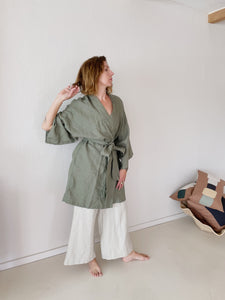 Leia Mid-Length Linen Robe - Khaki